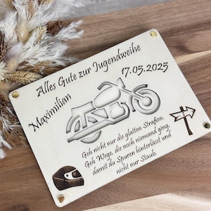 Personalisierte Holztafel zur Jugendweihe mit Motorrad, Geldgeschenk für Jungen mit Name & Datum, Geschenk Jugendweihe oder Konfirmation