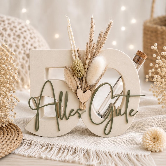 Geldgeschenk 50. Geburtstag, Personalisiertes Geldgeschenk, Geschenk zum Geburtstag, Geldgeschenk Boho, Alles Gute mit Trockenblumen