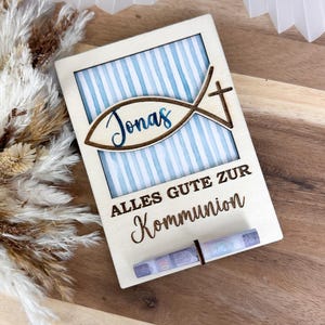 Geldgeschenk Taufe Kommunion Konfirmation | Personalisierte Holzkarte mit Ichthys & Name | Geschenk mit Geldfach | Kleinigkeit