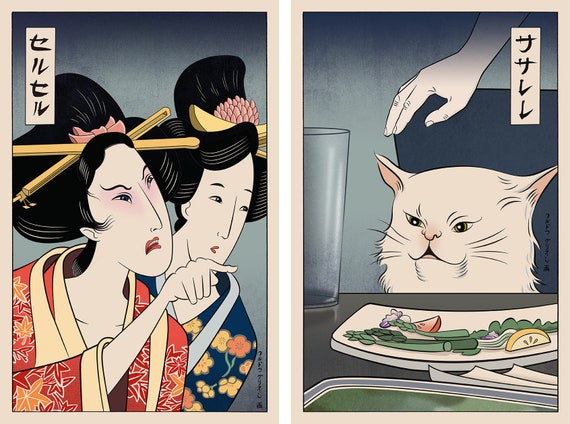 Woman Yelling at Cat Ukiyo-e Style Set of 2 Giclee Prints 