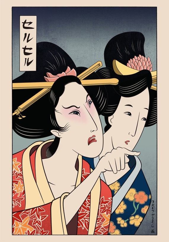 Woman Yelling at Cat Ukiyo-e Style Set of 2 Giclee Prints 