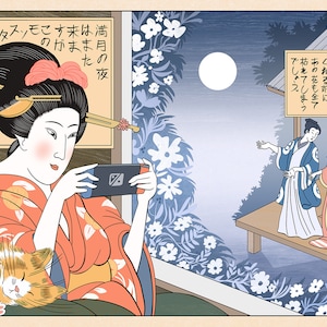 Gaming by Moonlight - Ukiyoe style meme giclee print - 18x12 inches