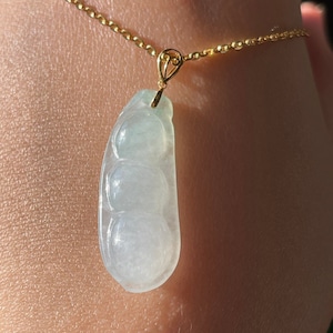 Ice Jade Pea Pod Pendant: 18K Gold Burmese Jadeite Lucky Bean