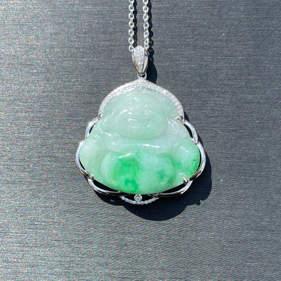 Green Jade Buddha Pendant Genuine Jade Buddha 18K White Gold and