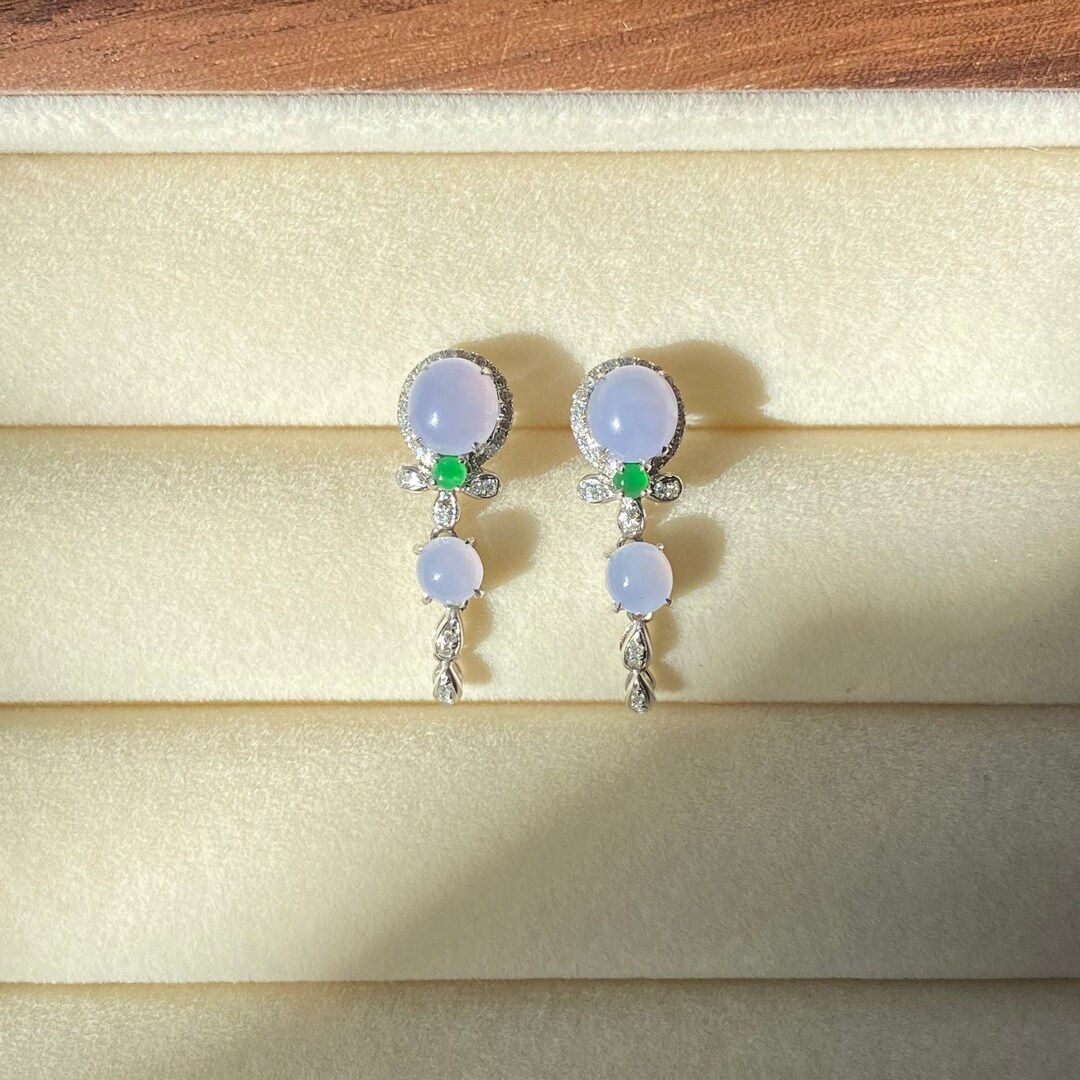 Ice Lavender Jade Stud Earrings, Purple Jade Earrings, 18k White Gold