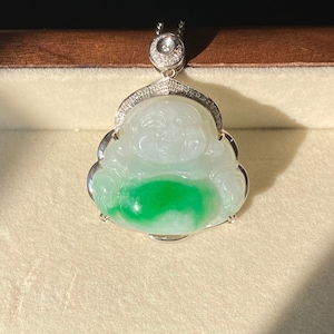 Green Jade Buddha Pendant, Genuine Jade Buddha, 18K White Gold And Diamonds, Natural Grade A Burmese Jadeite Jade Pendant(18K金阳绿佛公吊坠）