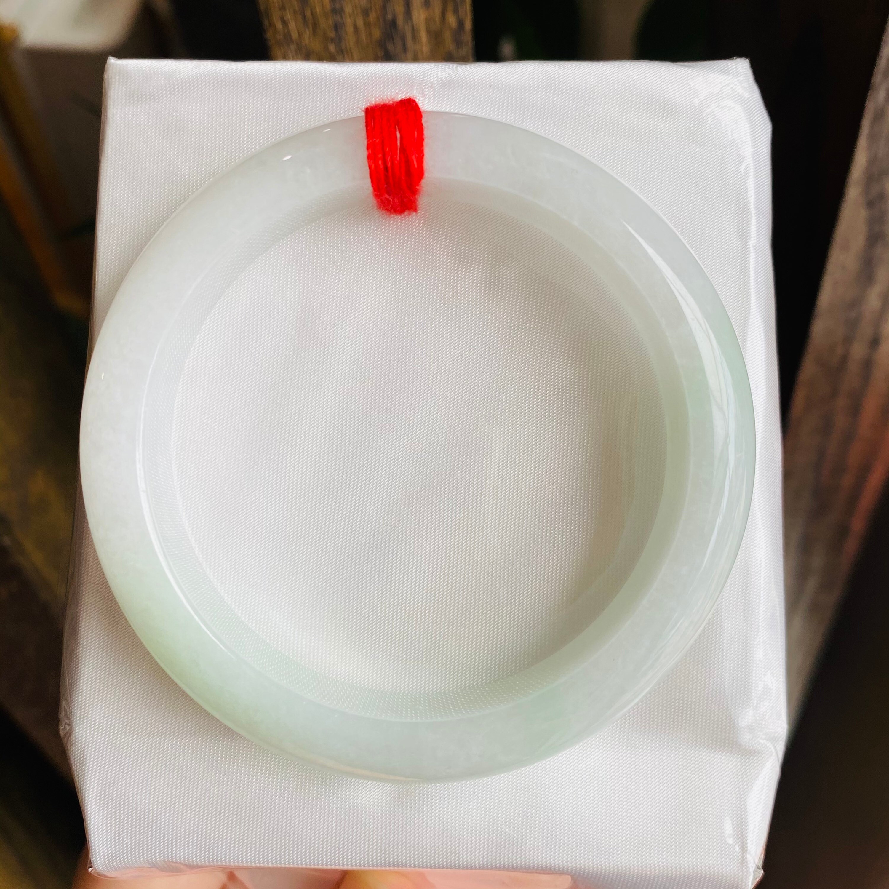 56mm Natural Grade A Burmese Jadeite Jade,White And Light Green Bangle Bracelet （白底带淡绿翡翠手镯）
