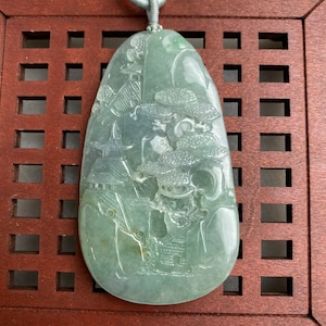 Landscape Jade Pendant, Ice Green Jade Pendant, Hand Carved Jade Landscape Jade, Natural Grade A Burmese Jadeite Jade(冰绿山水牌）