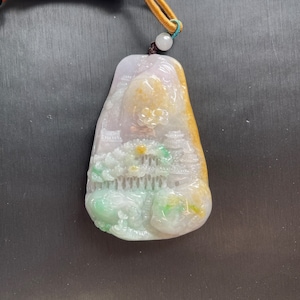 Landscape Jade Pendant, Yellow And Green Jade Pendant, Hand Carved Jade Landscape Pendant, Natural Grade A Burmese Jadeite Jade(黄加绿山水牌）