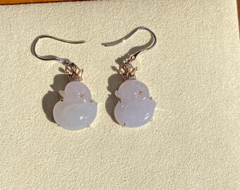Ice Lavender Jade Duck  Hoop Earrings,  Purple Jade Earrings, 18k Rose Gold Hoop Earrings, Natural Grade A Burmese Jadeite Jade