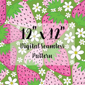 Strawberry Seamless Pattern, Strawberry Pattern, Repeating Strawberries Fabric Design, Pink and White Digital Pattern