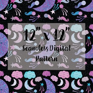 Himmlisches nahtloses Muster, Mond und Sterne Wiederholendes Muster, Weltraum Stoff Design, bunte Sterne JPEG Digitales Muster, Digital Paper