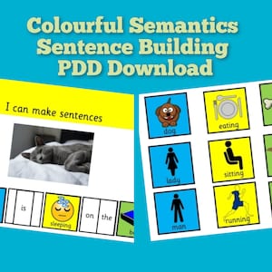 May include: A colorful educational resource for building sentences. The image shows a cat sleeping on a bed, with a sentence starter "I can make sentences" and a set of picture cards with words like "cat", "is", "sleeping", "on", "the", "bed".  The second image shows a set of picture cards with words like "dog", "eating", "bone", "lady", "sitting", "bench", "man", "running", "hills".