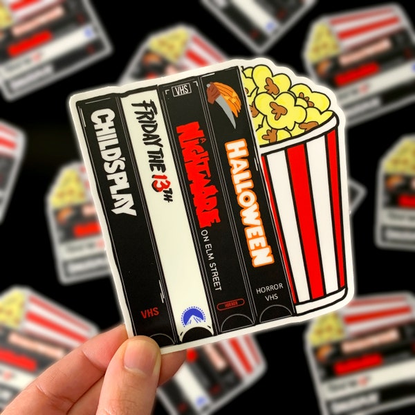 80s Classic Horror Movie VHS Stack Sticker Popcorn - Retro Scary Halloween Stickers