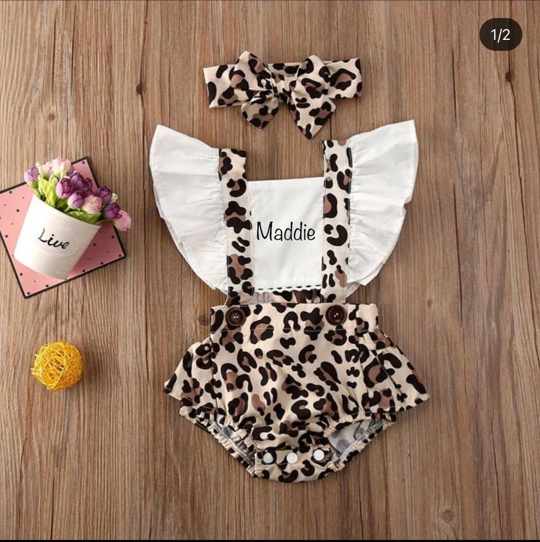 Baby Girls Leopard Romper Ruffled Romper Personalization - Etsy