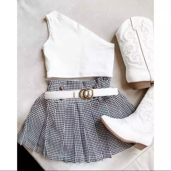 Black and white plaid skirt cheap set