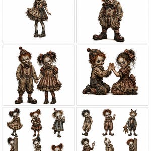 May include: A collection of twelve distinct illustrations featuring creepy clown dolls with pale faces, dark eye makeup, and messy hair. The dolls wear vintage-style ruffled dresses, overalls, and pointed hats in muted brown, red, and grey tones.