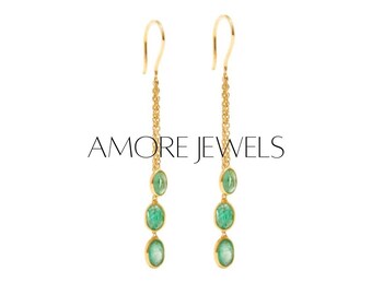 14k/18k Natural Emerald Gemstone Gold Earring Precious Stone Chain Earring Gold Emerald Modern Dainty Dangle Green Earring Bridal Earrings