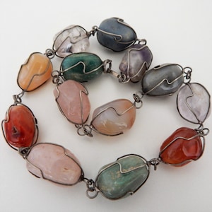 Vintage Caged Large Agate Semi Precious Stone Boho Collar Necklace Mid Century Modern