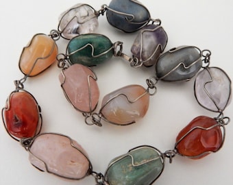 Vintage Caged Large Agate Semi Precious Stone Boho Collar Necklace Mid Century Modern