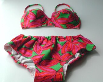 Vintage Pink Green Floral Bikini Two Piece Swimsuit Amsterdam 1960s Cotton Bark Cloth UK 10 - 12