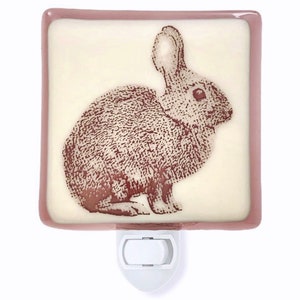 May include: A pink ceramic night light with a white switch. The front of the night light features a brown rabbit illustration on a white background.
