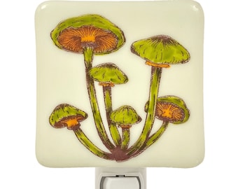 Retro Mushrooms Night Light, Hand Painted Fused Glass Forest Decor