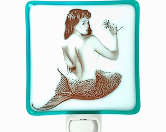 Vintage Mermaid Pin Up Night Light, Fused Glass Mermaid