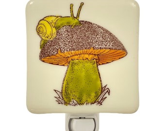 Retro Mushroom and Snail Night Light, Hand Painted Fused Glass