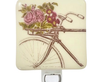 Rustic Bicycle With Flowers in Basket Night Light, Fused Glass Night Light