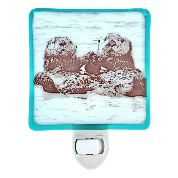 Otters Holding Hands Night Light, Fused Glass