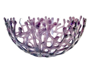Coastal Home Beach Glass Coral Branch Bowl 11&quot; Purple Transparent Glass, Beach House Glass Coral Bowl
