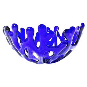 Coastal Home Beach Glass Coral Branch Bowl 5&quot; Cobalt Blue Transparent Glass, Beach House Glass Coral Bowl