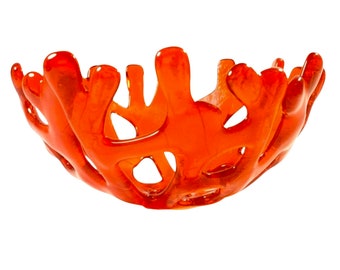 Fused Glass Coral Branch Bowl 5" Dark Reddish Orange Transparent Glass, Beach House Glass Coral Bowl