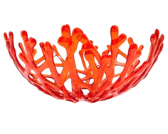 Handmade Glass Coral Bowl: Bittersweet Reddish Orange, Coastal Decor (11 inch)
