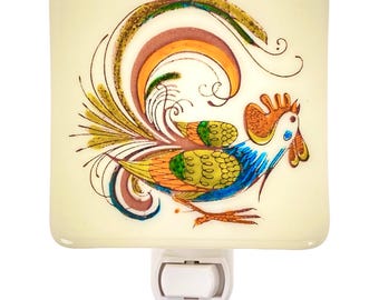 Hand Painted Rooster Night Light: Retro Fused Glass