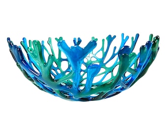 Fused Glass Coral Branch Bowl 11" Lagoon Mixed Blue, Aqua, Peacock Transparent Glass, Beach House Glass Coral Bowl