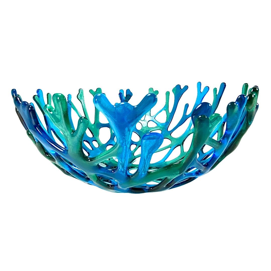 Handmade Beach Glass Coral Bowl: Coastal Home Decor, 11" Lagoon Blue