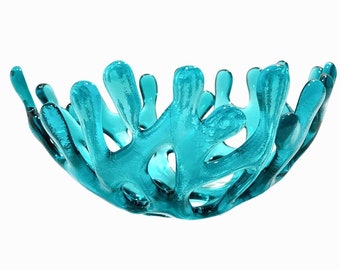 Fused Glass Coral Branch Bowl 5" Aqua Blue Transparent Glass, Beach House Glass Coral Bowl