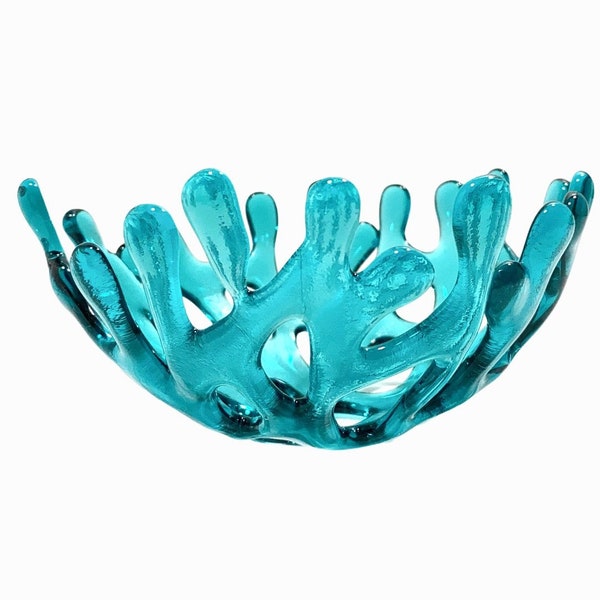 Fused Glass Coral Branch Bowl 5" Aqua Blue Transparent Glass, Beach House Glass Coral Bowl