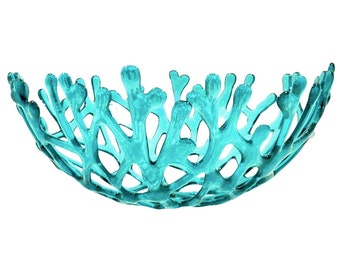 Aqua Glass Coral Bowl: Coastal Beach House Decor (11 inch)