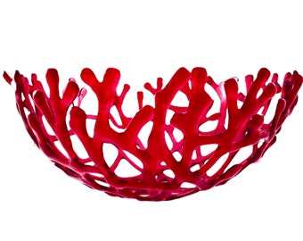 Ruby Red Glass Coral Bowl: Coastal Beach House Decor (11 inch)