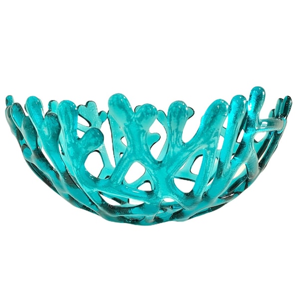 Fused Glass Coral Branch Bowl 8", Aqua Transparent Glass Beach House Glass Coral Bowl