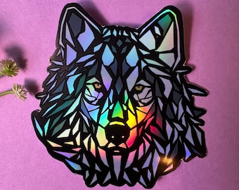 Adhesivo holográfico de lobo geométrico: calcomanía de animal místico para todas las superficies, computadoras portátiles, iPads y teléfonos
