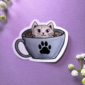 Sticker Catpuccino en vinyle découpé, imperméable, Sticker chat mignon, amoureux des chats, Amour de café, Sticker café, Sticker pour téléphone portable, Sticker kawaii