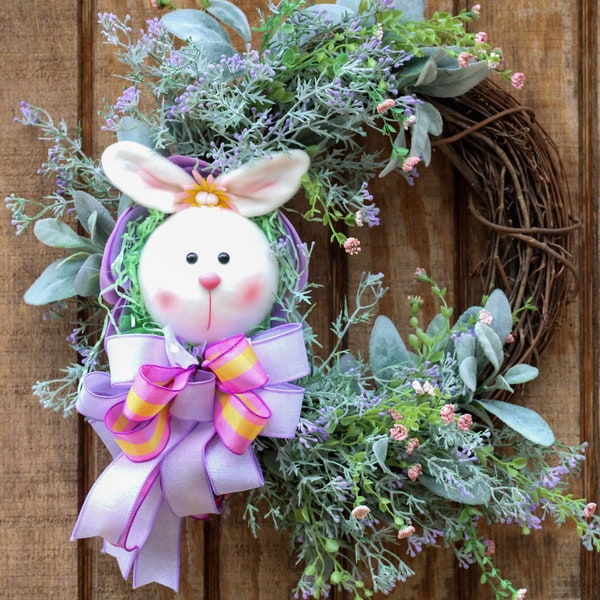 Easter bunny grapevine wreath with lambs ear