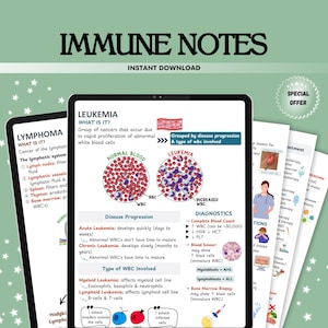 May include: A colorful infographic about the immune system, with a focus on leukemia and lymphoma. The infographic includes diagrams of normal blood cells and leukemia cells, as well as descriptions of the different types of leukemia and lymphoma. The text "Immune Notes" is at the top of the infographic.