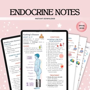 Peut inclure: Un produit numérique téléchargeable présentant des notes médicales sur les troubles endocriniens. L'image montre une tablette avec des informations détaillées sur la maladie de Cushing, y compris les causes, les symptômes et les options de traitement. Des pages supplémentaires couvrent des sujets connexes.
