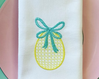 Easter egg embroidered napkins , yellow turquoise blue , chinoiserie chic Easter gift , spring colours, personalisation on request