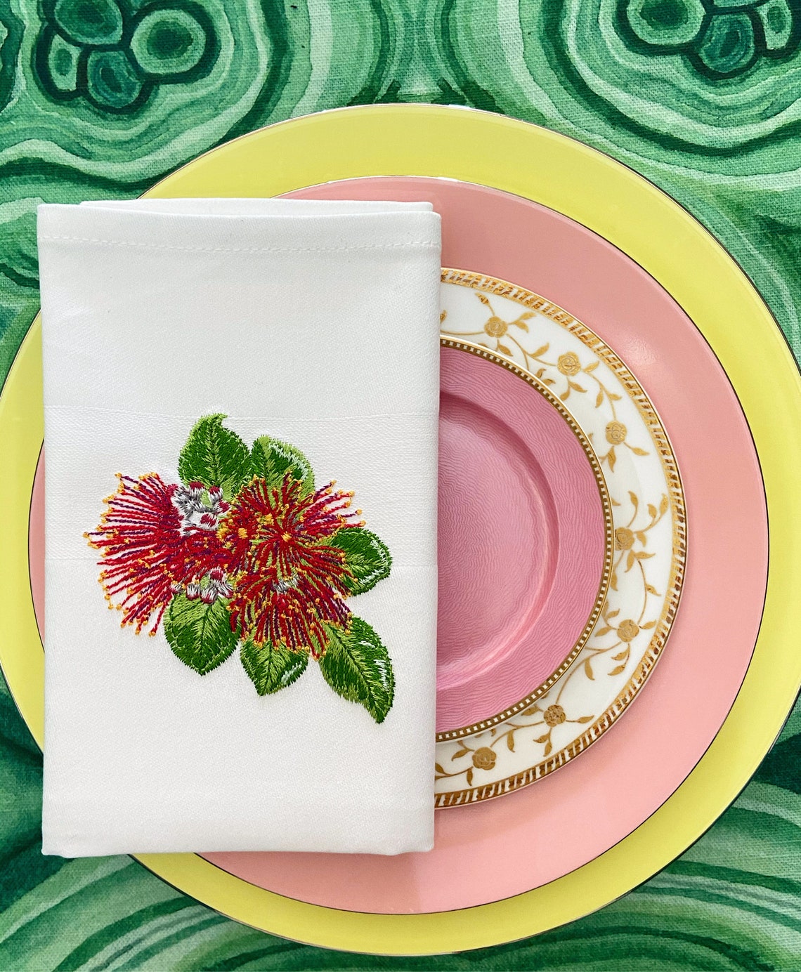 Embroidered Flower Napkins, Australian Floral Set of 6 , White Red